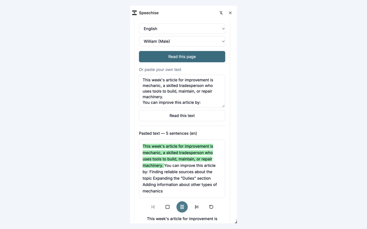 Pasted text being read aloud in the Speechise side panel, with the current sentence highlighted