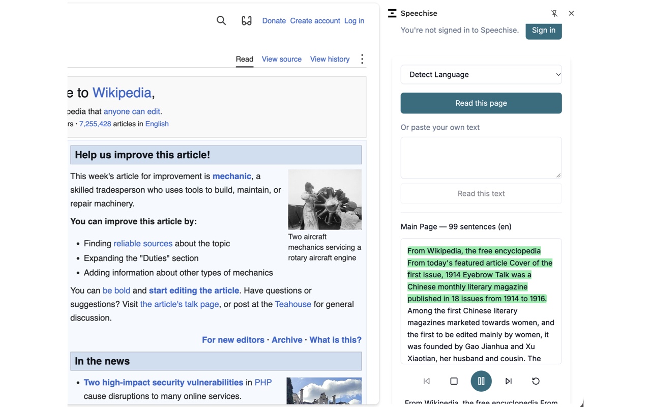 Speechise side panel reading an article aloud in Chrome, with the current sentence highlighted