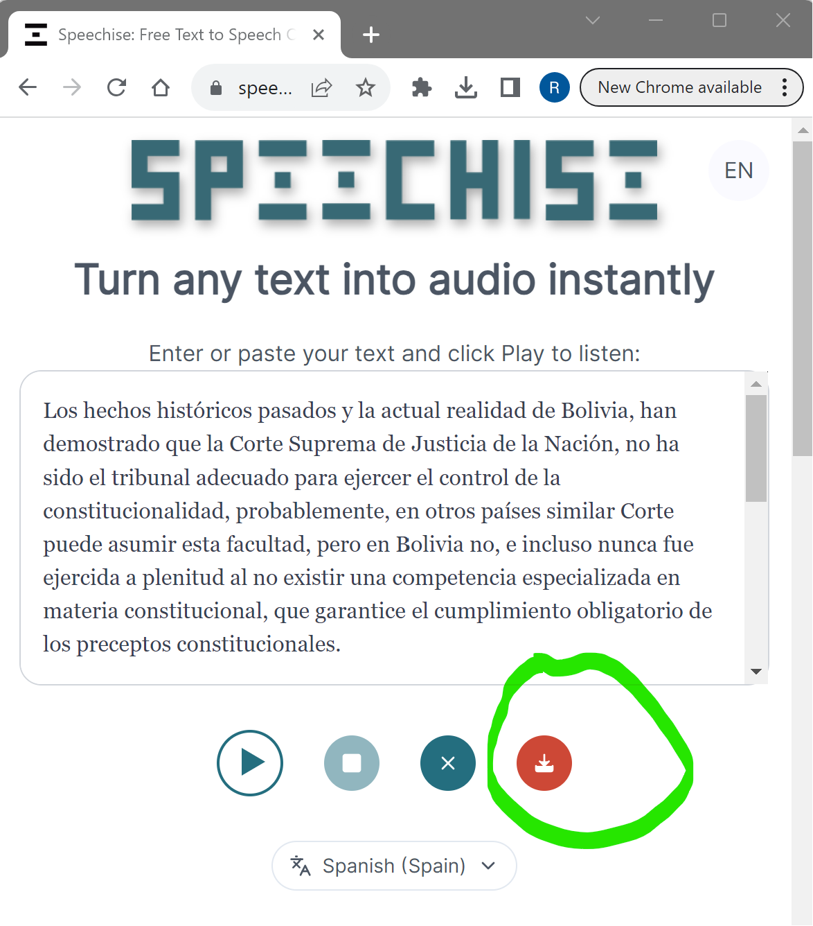 Screenshot of Speechise with the Download button